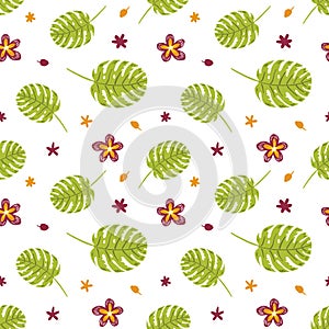 Tropical plants and flower seamless pattern isolated on white