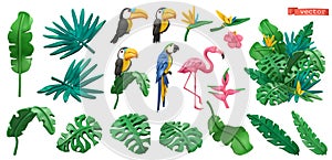 Tropical plants and flowers, exotic birds. Toucan, parrot, flamingo. Jungle plasticine art icon set. 3d vector