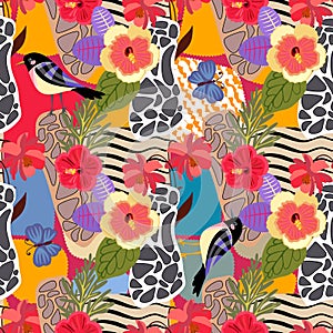 Tropical plants and flowers seamless pattern. Cute birds and big blue butterflies on patchwotk background with abstract print