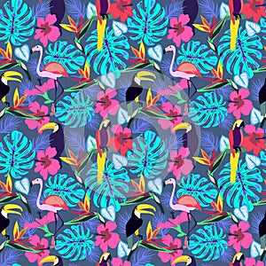 Tropical plants and flowers with toucan, parrot, flamingo