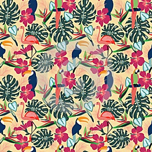 Tropical plants and flowers with toucan, parrot, flamingo birds