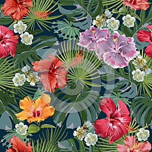 Tropical plants with hibiscus flowers. Decorative composition on the dark background. Bright picture. Floral motifs. Seamless patt