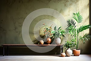 Tropical plants in a pot against an apartment wall with text and design space