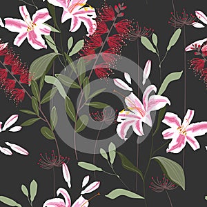 Tropical plants, royal lilies flowers and leaves seamless pattern on a light mint background.