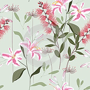 Tropical plants, royal lilies flowers and leaves seamless pattern on a light mint background.