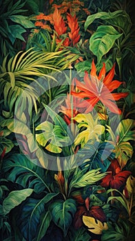 Tropical Plants Scene: Red Flowers, Green Leaves, Colored Rainforest Camouflage, Simulacra Oil, Linen Falls Plant photo