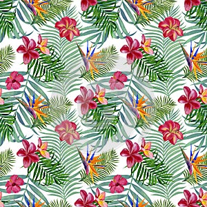 Tropical plants seamless pattern for fabric, wallpaper and wrapping paper. Watercolor illustration of hand painting.