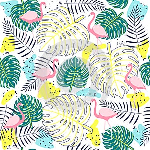 Tropical plants seamless pattern with flamingos.