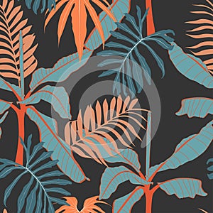 Tropical plants seamless pattern, palm leaves and exoticplants, blue and orange tones on black background.