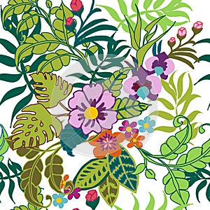 Tropical Plants Seamless Pattern, Tropical Flowers and Leaves on White