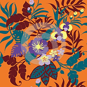 Tropical Plants Seamless Pattern, Tropical Leaves, Flowers and Vines on Orange