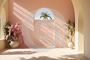 Tropical plants shadow on light wall, pastel color background for interior decor, Peach Fuzz color