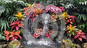Tropical Plants and Waterfall in Lush Indoor Garden Display
