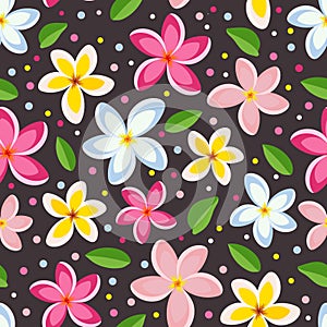 Tropical plumeria flower vector seamless pattern. Summer frangipani striped repeat pattern wallpaper, background.