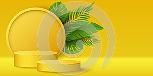 Tropical podium and exotic plants with yellow wall to display your brands product. 3D vector stage for presentation. Mock up for
