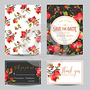 Tropical Pomegranates, Flowers and Leaves. Wedding Invitation Card
