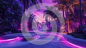 Tropical pool with palm trees and pink lighting at night, AI-generated.