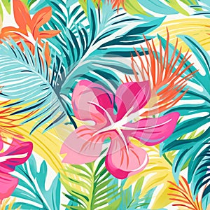 Tropical Floral Background Design With Vibrant Colors And Palm Leaves photo