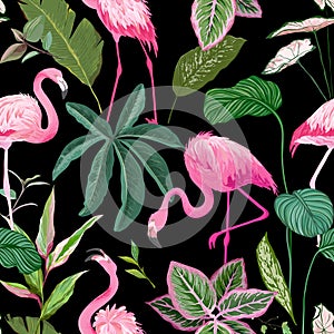 Tropical Print with Pink Flamingo and Palm Leaves on Black Background, Seamless Floral Ornament