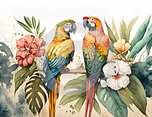 Tropical rain forest with parrots illustration in watercolor
