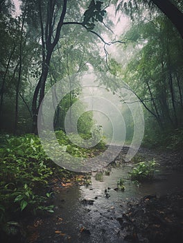 Tropical rain storm in the rainforest. Puddled dirt path through the woods.