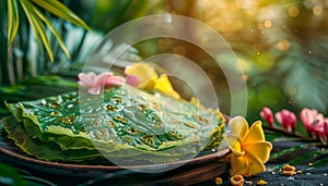 Tropical Raindrops on Vibrant Green Leaf with Exotic Plumeria Flowers in Lush Garden