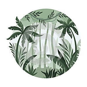 Tropical rainforest landscape with palm trees. Monochrome jungle scene in round shape vector illustration