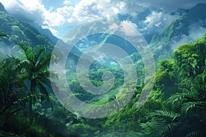 tropical rainforest in misty mountains