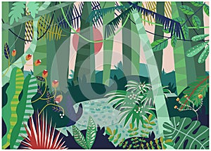 Tropical rainforest palm landscape, wild woodland sunset and sunrise, nature scenery area cartoon vector illustration