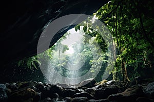 Tropical rainforest with rocks and waterfall in the jungle. Generative AI