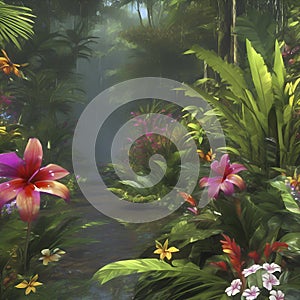 Tropical rainforests with colorful flowers in the morning. AI-Generated.