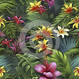 Tropical rainforests with colorful flowers in the morning. AI-Generated.