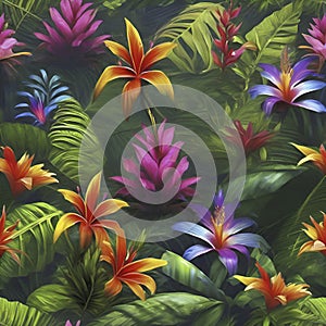 Tropical rainforests with colorful flowers in the morning. AI-Generated.