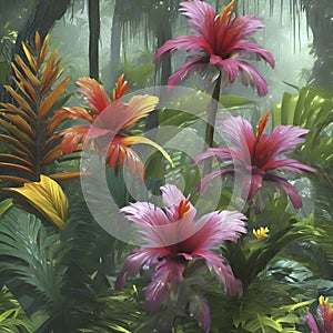 Tropical rainforests with colorful flowers in the morning. AI-Generated.