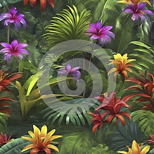 Tropical rainforests with colorful flowers in the morning. AI-Generated.