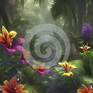 Tropical rainforests with colorful flowers in the morning. AI-Generated.