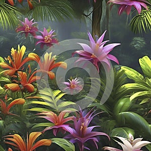 Tropical rainforests with colorful flowers in the morning. AI-Generated.