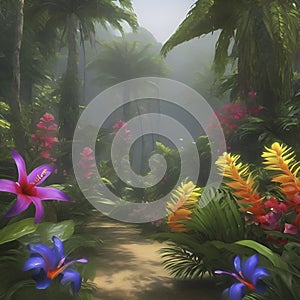 Tropical rainforests with colorful flowers in the morning. AI-Generated.