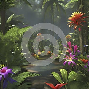 Tropical rainforests with colorful flowers in the morning. AI-Generated.