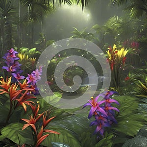 Tropical rainforests with colorful flowers in the morning. AI-Generated.