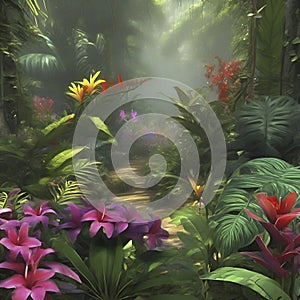 Tropical rainforests with colorful flowers in the morning. AI-Generated.