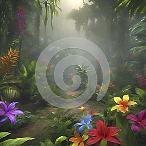 Tropical rainforests with colorful flowers in the morning. AI-Generated.