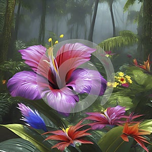 Tropical rainforests with colorful flowers in the morning. AI-Generated.