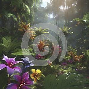 Tropical rainforests with colorful flowers in the morning. AI-Generated.