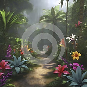 Tropical rainforests with colorful flowers in the morning. AI-Generated.