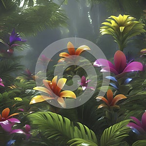 Tropical rainforests with colorful flowers in the morning. AI-Generated.