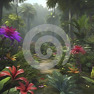 Tropical rainforests with colorful flowers in the morning. AI-Generated.