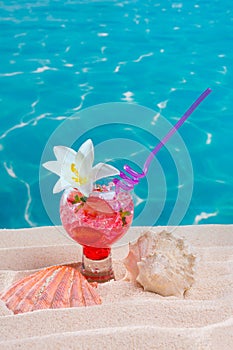 Tropical red cocktail on caribbean sand flower and seashell