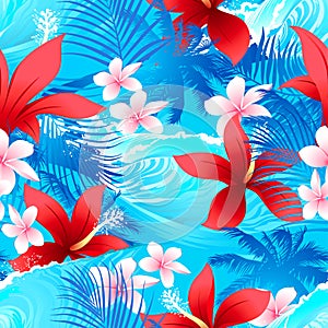 Tropical red hibiscus flowers with surfing wave seamless pattern