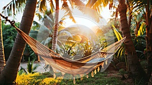 tropical relaxation, a peaceful summer retreat, a hammock between palm trees offers a cozy spot for relaxation and